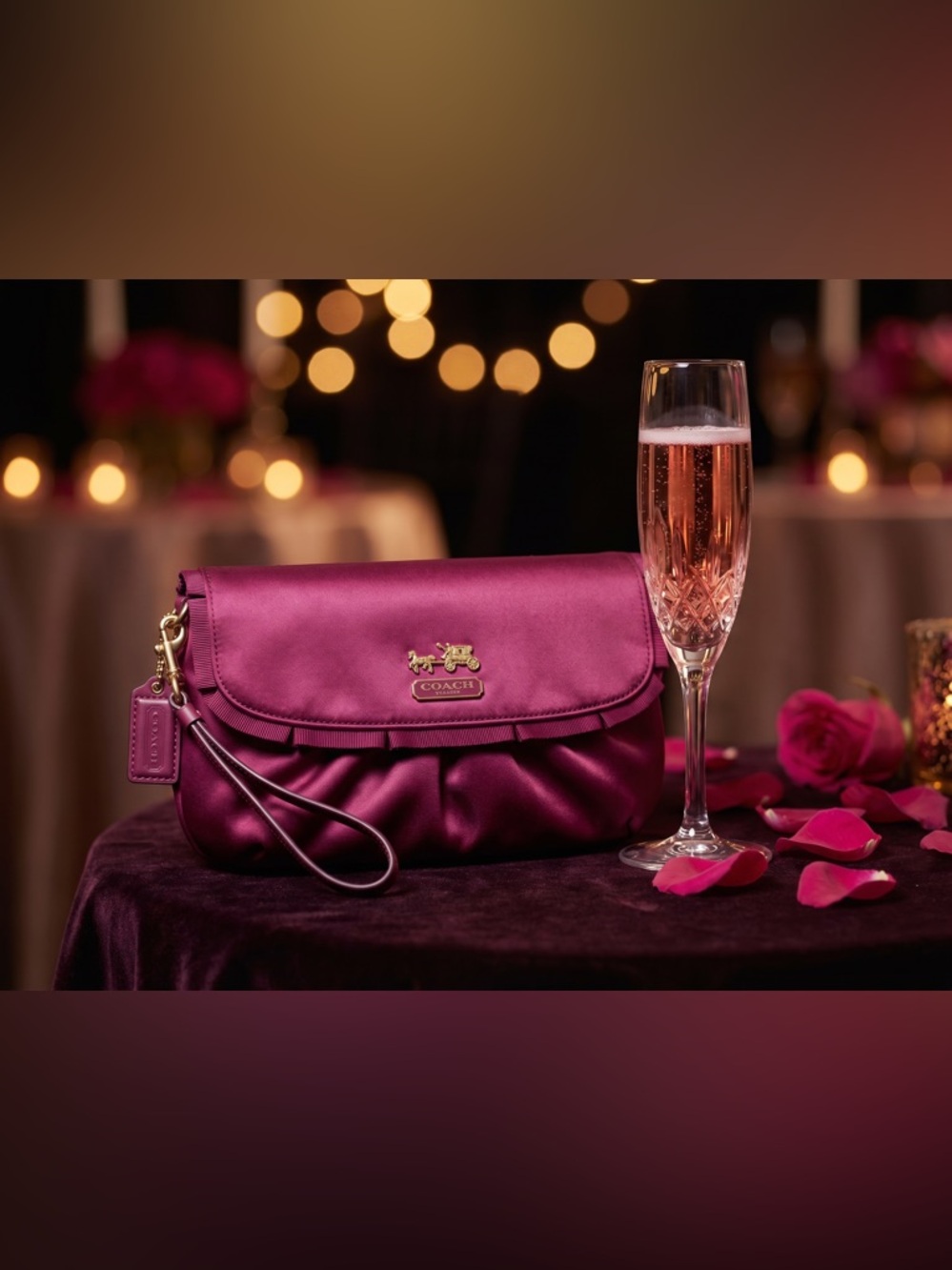 Coach Satin Magenta Wristlet Clutch | Gold Logo | Zip Pouch - Picture 4 of 13